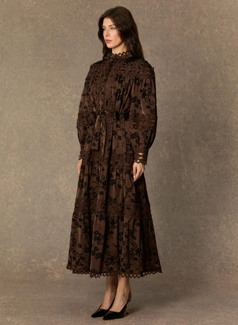 سنفير Romantic Vintage Brown Floral Print Lace Trim Midi Dress